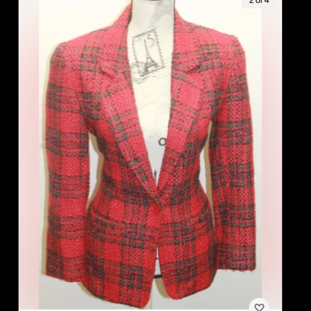 Vintage Diane Von Furtensburg Women Tweed Plaid Red Blazer Petite 4 USA